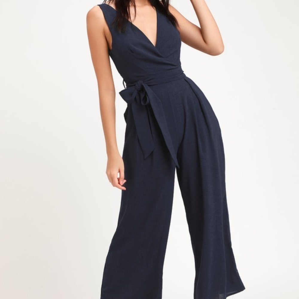 Lulu's Navy Sleeveless Wrap Jumpsuit with Tie Waist